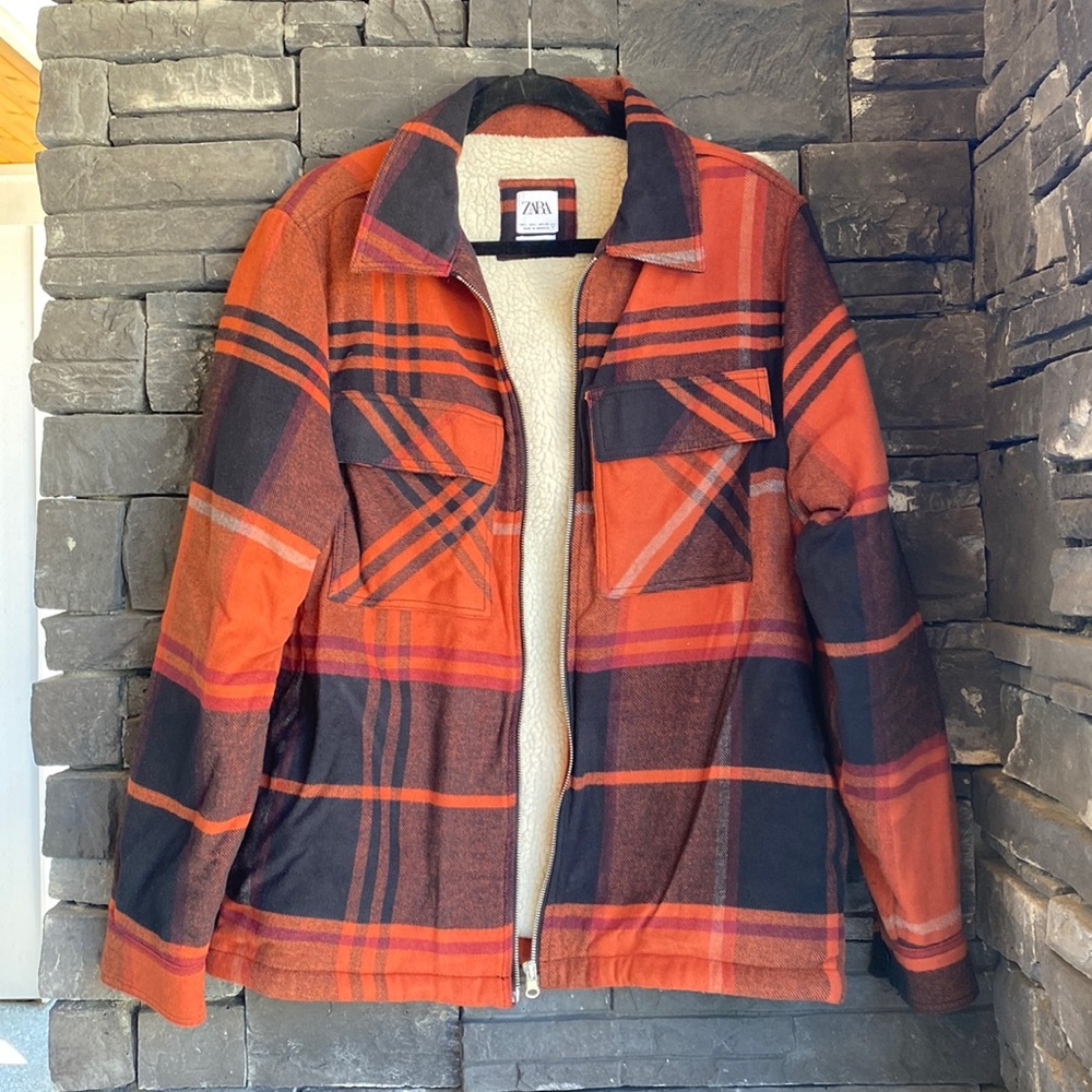 MENS ZARA ORANGE/BROWN/BLACK PLAID SHERPA SHACKET LIKE NEW RELAXED FIT SIZE:L